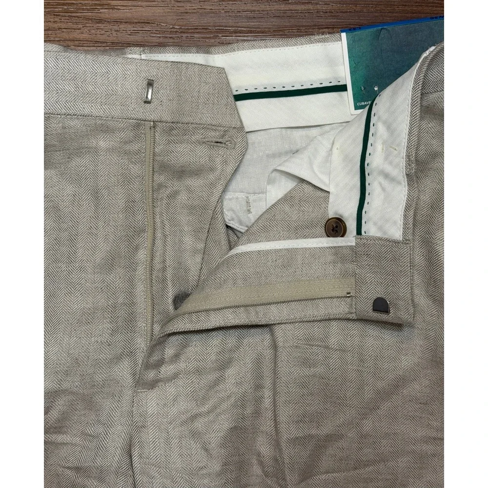 Cubavera Men's Linen Blend Flat Front Herringbone Pants Beige Sz 36x32 NWT